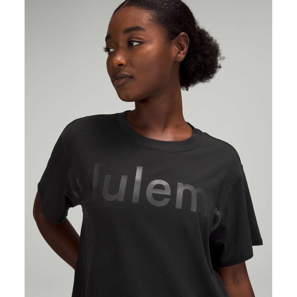 Lululemon All Yours Cotton T-Shirt Black Logo Relaxed Fit Tee Size 10 Casual